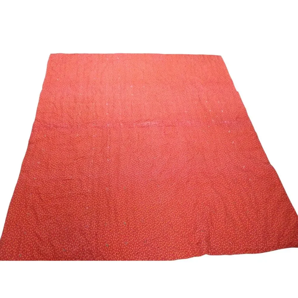 Patchwork Blanket Quilt Tied Red Calico Backing 82 x 74 Vintage